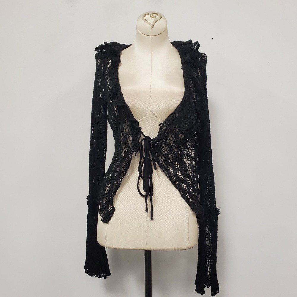 Urban Outfitters Womens Flare Sleeve Whimsigoth Top Size M Black Open Crochet